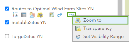 [Routes to Optimal Wind Farm Sites] レイヤーを拡大します。