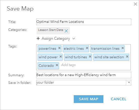マップを「Optimal Wind Farm Locations」として保存します。