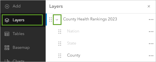 コンテンツ ツールバー上のレイヤーと、レイヤー ウィンドウで展開された County Health Rankings 2023 グループ レイヤー