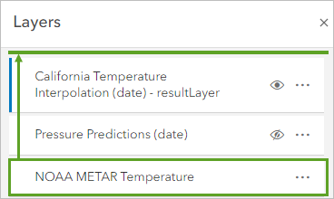 [NOAA METAR Temperature] レイヤーを [California Temperature Interpolation] レイヤーの上に移動しました。