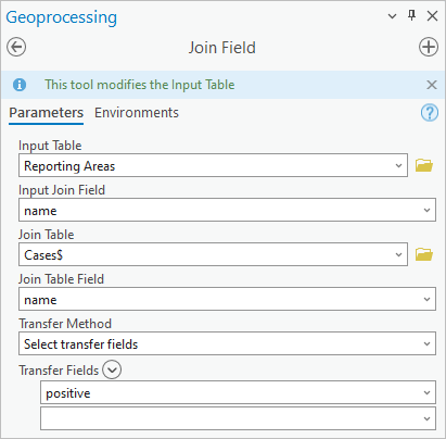 Cases$ テーブルの positive フィールドを Reporting Areas レイヤーに転送するために入力されたフィールドの結合 (Join Field) のパラメーター