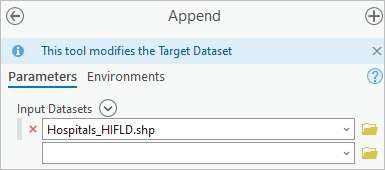 アペンド (Append) ツールに追加された Hospitals_HIFLD.shp