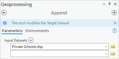 アペンド (Append) ツール ウィンドウに追加された Private Schools シェープファイル