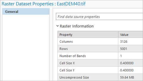 EastDEM40.tif のセル サイズ プロパティ