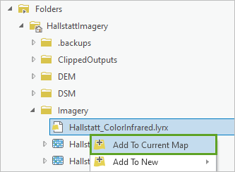 カタログ ウィンドウの Imagery フォルダー内の Hallstatt_ColorInfrared.lyrx を現在のマップに追加