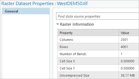 WestDEM50.tif のセル サイズ プロパティ