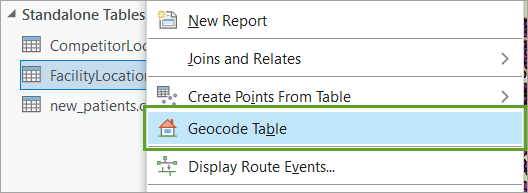 FacilityLocations を右クリックしてテーブルのジオコーディングをクリックします。