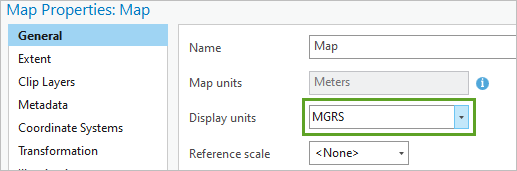 [レイヤー プロパティ] ウィンドウで [MGRS] に設定された表示単位