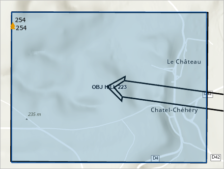 目標ボックスの北西隅にある最高標高ポイント シンボルのクラスター (すべてに 254 Meters のラベルが付いている)