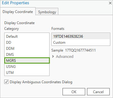 [Edit Properties] ウィンドウの [Display Coordinate] カテゴリ リストにある [MGRS]