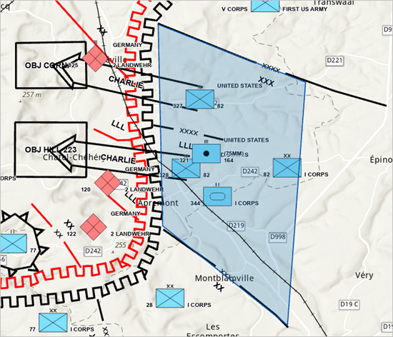 透明な青色で塗りつぶされたポリゴンは統制措置ライン XXX と XX の間にある連合部隊の陣地を表します。