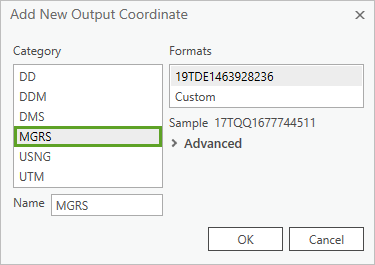 [Add New Output Coordinate] ウィンドウのカテゴリ リストにある [MGRS]