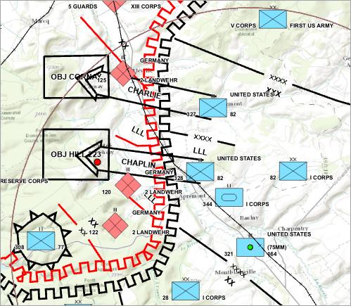 砲兵連隊を囲む赤色の円が Hill 223 の外側にまで伸びています。