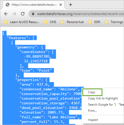 recent conditions JSON データをコピー