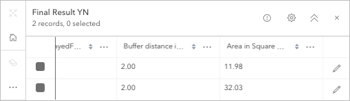 Final Result レイヤーの 2 つのレコードの面積フィールド