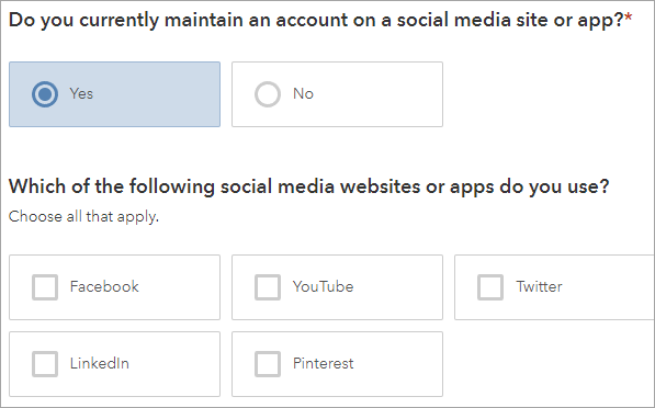 回答として Yes が選択されたソーシャル メディアの質問