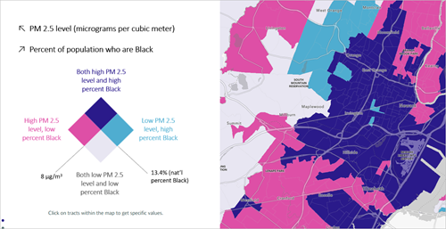 ニュージャージー州ニューアーク市での黒人の人口と PM 2.5 の濃度の関連性マップ