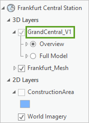 コンテンツ ウィンドウ内の GrandCentral_V1 シーン レイヤー