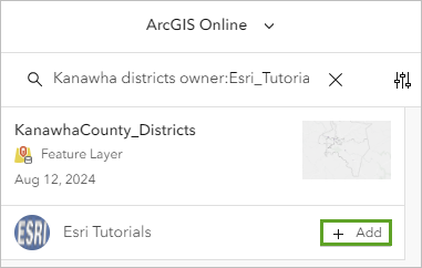 レイヤーの追加ウィンドウで Esri_Tutorials が所有する KanawhaCounty_Districts レイヤーを追加