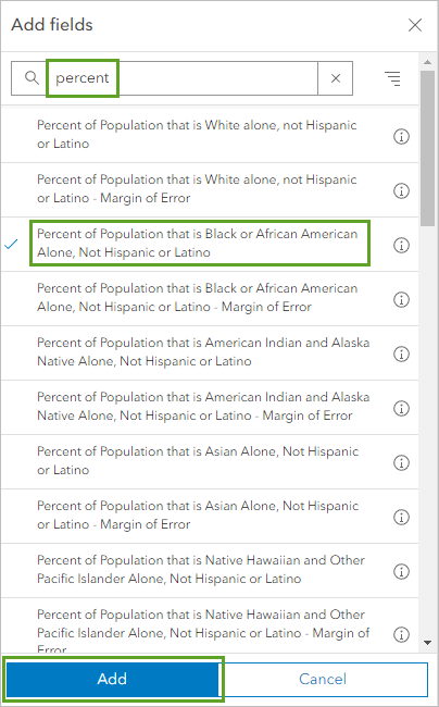 フィールドの追加ウィンドウの Percent of Black population フィールド