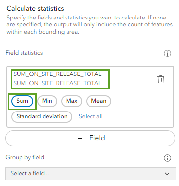 フィールド統計情報で SUM_ON_SITE_RELEASE_TOTAL フィールドが選択され、統計の種類が Sum に設定された状態