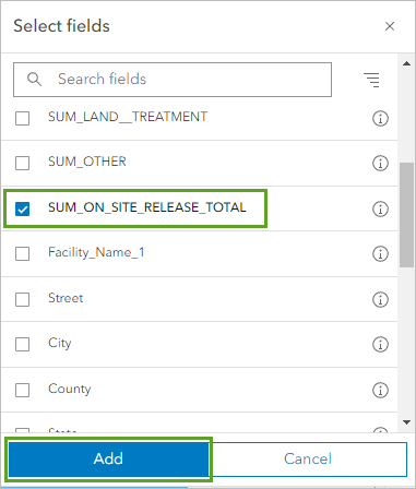 フィールドの追加ウィンドウで選択されている SUM_ON_SITE_RELEASE_TOTAL フィールドと追加ボタン