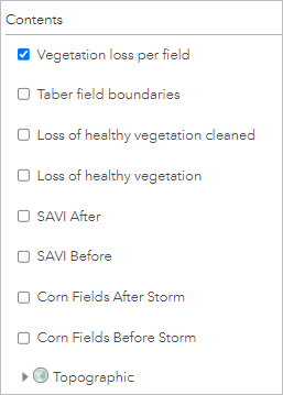 Отключите все слои, кроме Vegetation loss per field.