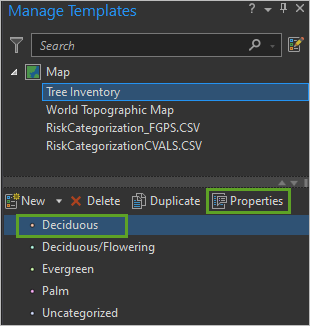 Кнопка Свойства с выбранным шаблоном Deciduous на панели Управление шаблонами