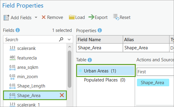 Поле Shape_Area слоя Urban Areas в Списке полей