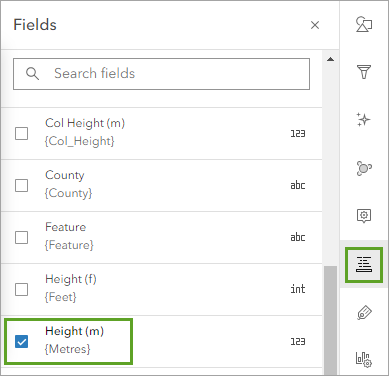 Height (m) выбрана на панели Поля