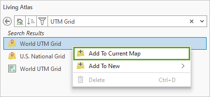 Векторный слой World UTM Grid на панели Каталог в результатах поиска