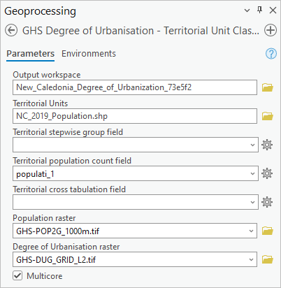 Параметры инструмента GHS Degree of Urbanisation - Territorial Unit Classifier