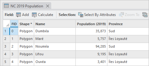 Таблица атрибутов слоя NC 2019 Population