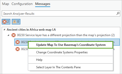 Обновить карту, чтобы использовать систему координат базовой карты в контекстном меню сообщения об ошибке