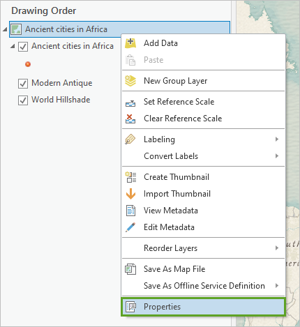 Опция Свойства в контекстном меню Древние города Африки