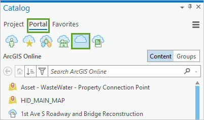Вкладки Портал и ArcGIS Online на панели Каталог