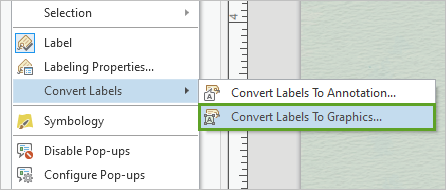Параметр Преобразовать надписи в графику в контекстном меню слоя