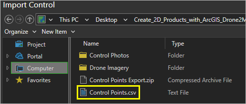 Control Points.csv в окне Импорт опорных точек