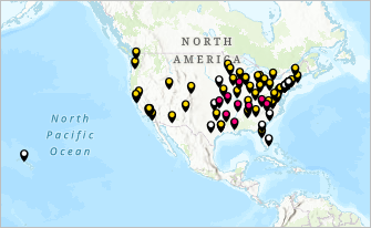 На карте показан векторный слой NCI_Center_Addresses.