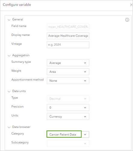 Категория установлена в окне Настроить переменную для переменной Average Healthcare Coverage