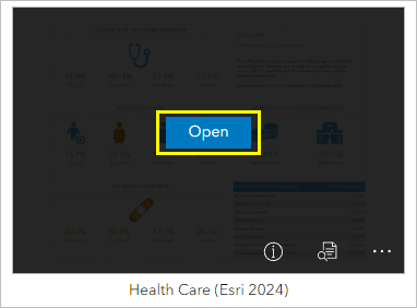 Кнопка Открыть для шаблона инфографики Health Care (Esri 2024)