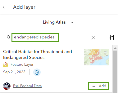 Выполните поиск по ключевым словам endangered species и добавьте слой Critical Habitat for Threatened and Endangered Species.