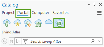 Вкладки Портал и Living Atlas на панели Каталог