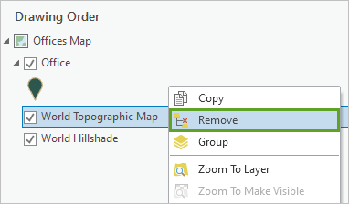 Опция Удалить в контекстном меню для слоя World Topographic Map