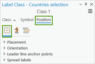 Вкладка Положение и подвкладка Положение на панели Класс надписей
