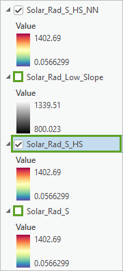 Только слои Solar_Rad_S_HS_NN и Solar_Rad_S_HS на панели Содержание и Solar_Rad_S_HS выбраны.