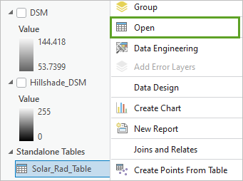 Опция Открыть для Solar_Rad_Table