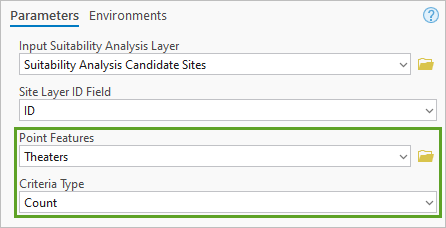 Параметры для театров инструмента Add Point Layer Based Suitability Criteria