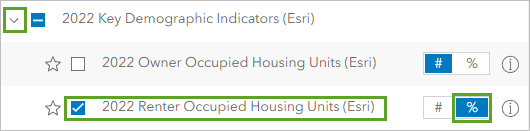 Индикатор 2022 Renter Occupied Housing Units (Esri) percentage выбранный в категории 2022 Key Demographic Indicators (Esri).