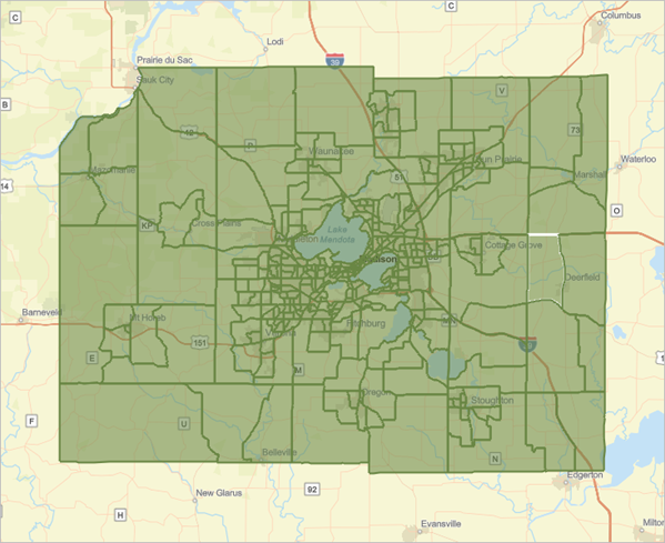 Кварталы переписи в округе Дэйн добавлены к карте как участки субрынка.